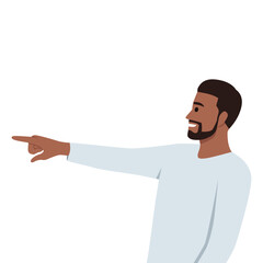 Portrait of a black man with a young facial expression pointing his finger to the left. Flat vector illustration isolated on white background