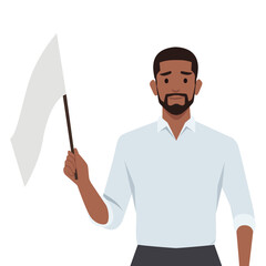 Sad businessman waving white flag metaphor of surrendering or giving. Flat vector illustration isolated on white background