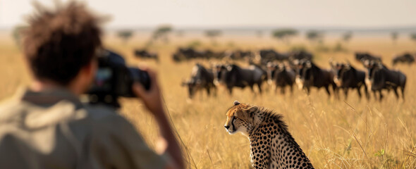 A wildlife photographer with his telephoto lens is taking pictures of the great wildebeest herd in their natural habitat