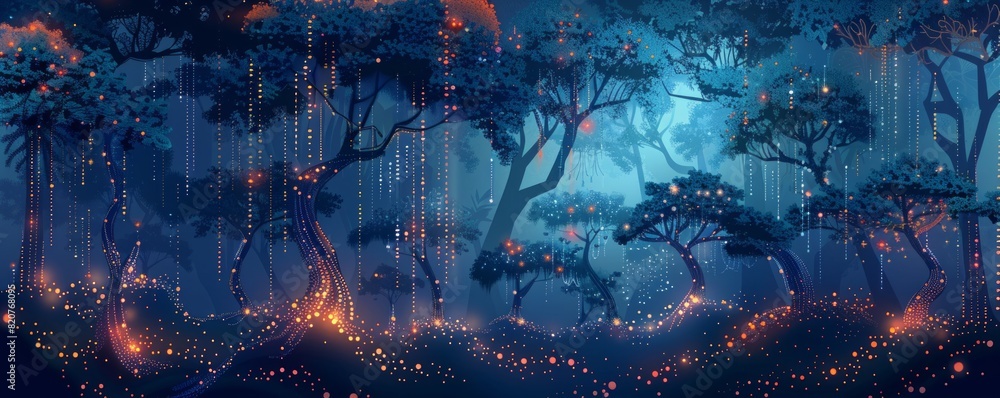 Poster a cybernetic forest where trees are intertwined with metallic vines and glowing circuitry, creating 