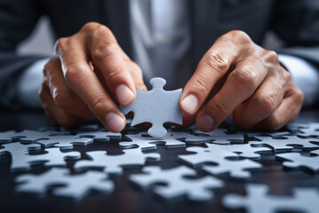 A person in a business suit is fitting a puzzle piece into place, symbolizing problem-solving, strategic thinking, or finding a solution in a business context.