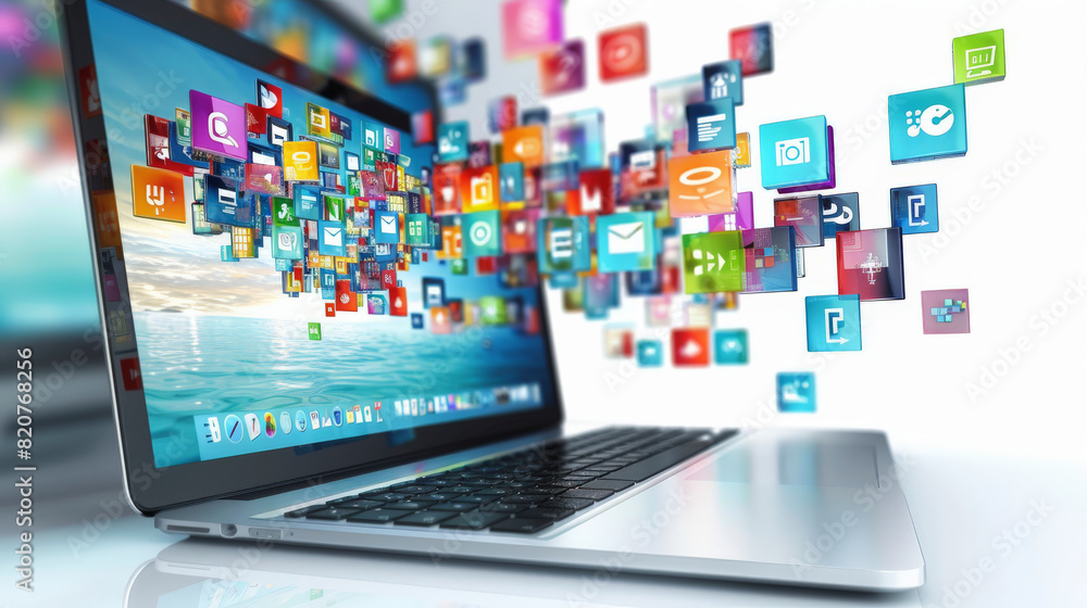 Fototapete a laptop with a variety of colorful application icons floating above the screen, symbolizing a diver
