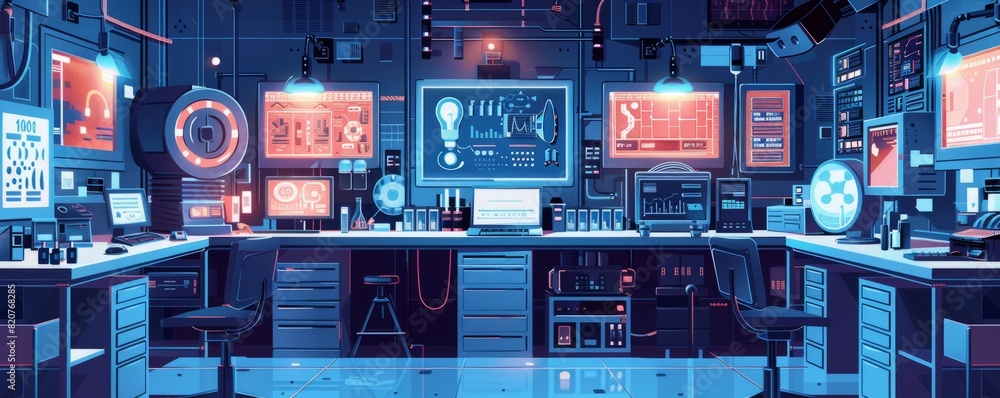 Poster a futuristic laboratory where scientists conduct experiments on cutting-edge technology and bioengin