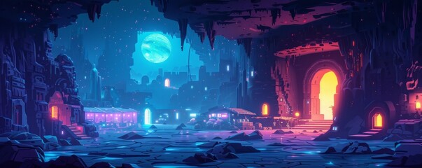 A cybernetic underground city, with neon-lit tunnels and bustling marketplaces hidden beneath the surface of the earth, where life thrives in the shadows.   illustration.