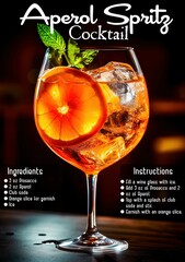Vertical shot of an Aperol spritz cocktail with its ingredients and instructions lists