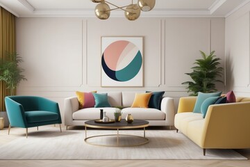 Living Room Design With Cream Toned Tuxedo Sofa And Multicoloured Accent Chairs