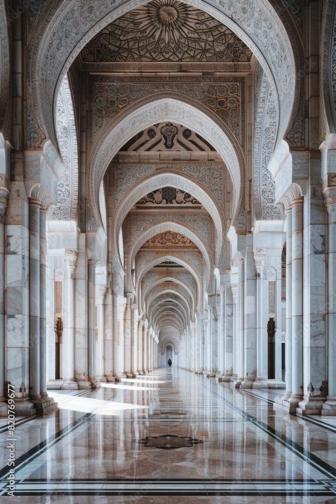 Poster a long hallway with columns and a clock on the wall. suitable for interior design concepts