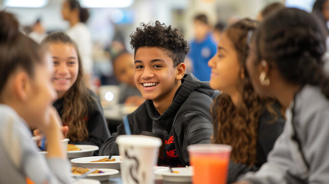 Group of diverse students sitting together, sharing and enjoying lunch in a lively school cafeteria, with one student in focus smiling brightly, fostering a sense of camaraderie, friendship