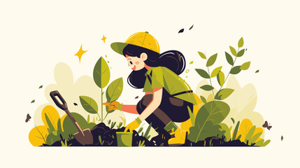 a woman planting a tree. She is wearing a green shirt, brown pants, and a yellow hat. The background is a white sky with green leaves and flowers. The image is about World Environment Day.