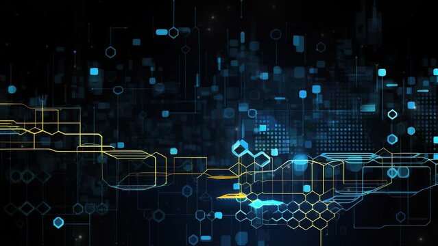 Abstract technology graphic using binary code, flowcharts, hexagonal line. Futuristic background tech animation. Artificial intelligence digital technologies. Future Technology. Technological timeline