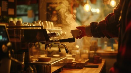 Photography of professional barista making a latte art at cozy coffee shop while pouring milk in coffee cup. Close up of skilled waiter standing behind the counter while preparing hot coffee. AIG42.