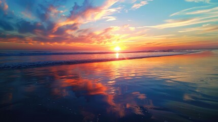 Fototapeta premium A breathtaking beach sunset with vibrant colors reflecting off the water and sand