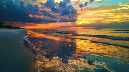 A breathtaking beach sunset with vibrant colors reflecting off the water and sand