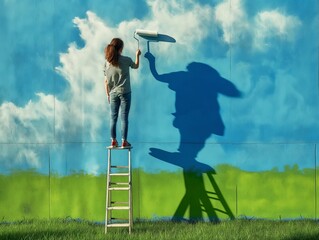 Woman on ladder painting a mural of blue sky and clouds, casting a large shadow on the wall.