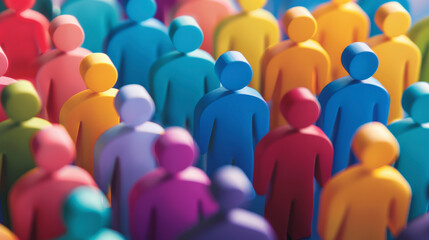Obraz premium The image shows a collection of colorful, featureless humanoid figures standing close together, suggesting diversity, unity, or a social demographic concept.