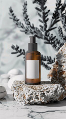 Pump bottle mockup with blank label. Face skin care concept. Marble background