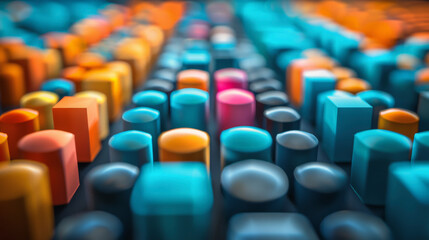 Obraz premium A colorful array of cylindrical and cube-shaped 3D objects forming a patterned surface, with a shallow depth of field giving a blurred background effect.