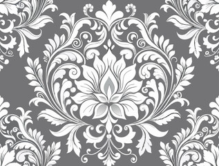 allpaper in the style of Baroque. Seamless vector background. White and grey floral ornament. Graphic pattern for fabric, wallpaper, packaging. Ornate Damask flower ornament.