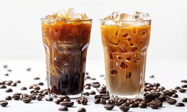 Set of black iced coffee and latte with milk in a tall glass on a white background