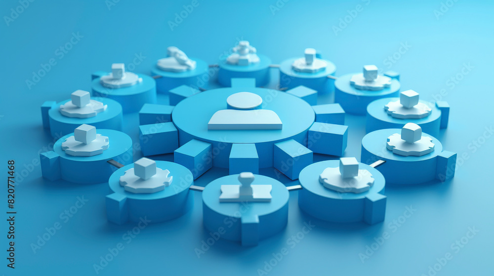 Poster this image depicts a conceptual 3d illustration of a central figure connected to multiple nodes, rep