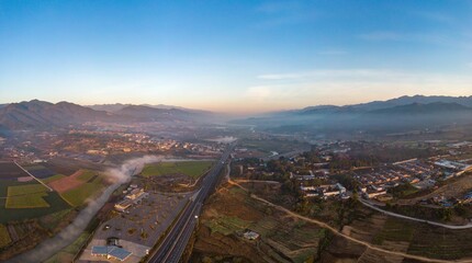 Landscape of a town during the sunrise in the morning