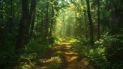 Obraz premium A serene forest path with sunlight filtering through the trees, creating a peaceful and inviting atmosphere
