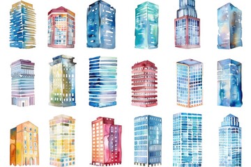 Watercolor illustration of various buildings on a white background. Ideal for architectural designs