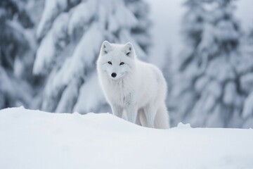 Obraz premium White wolf on a grassy hill, looking out into the distance with tall pine trees
