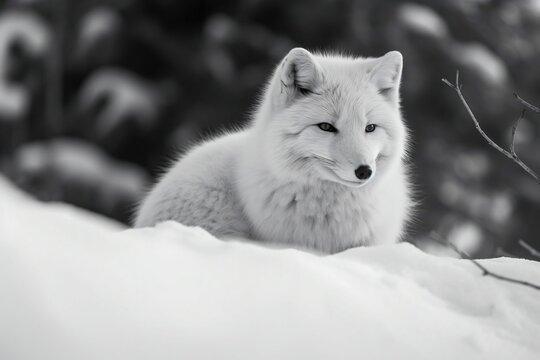 a lone arctic white fox sitting on top of snow covered ground - Powered by Adobe