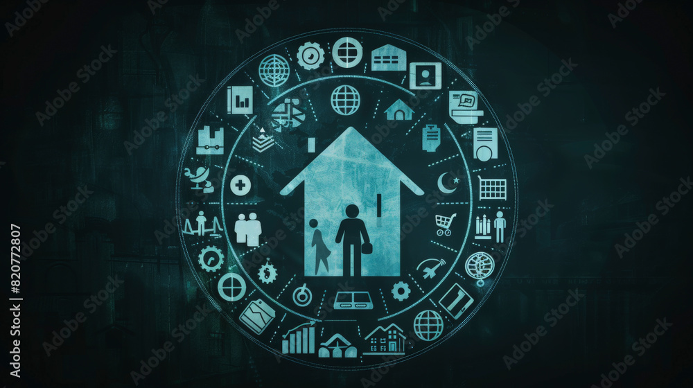 Poster the image shows a graphic of a smart home ecosystem with icons representing various interconnected d