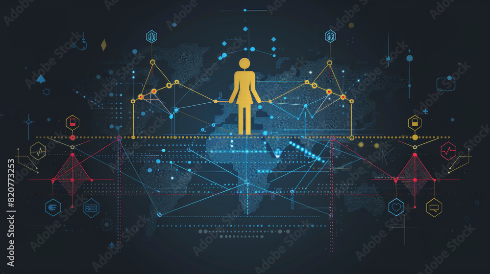 Poster this image depicts a silhouette of a person standing amidst network connections and data points, rep