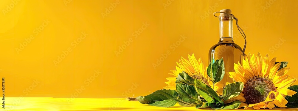 Wall mural sunflower oil close-up top view. Selective focus