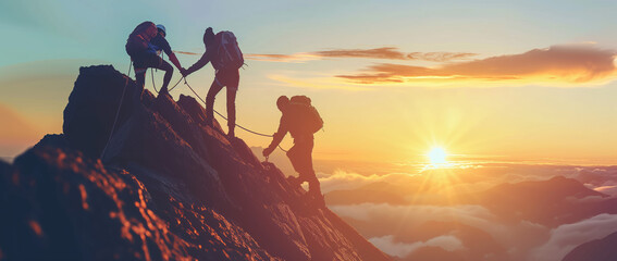 Climbing friends helping each other as a team reach the mountain peak at the sunset. People helping each other hike up a mountain. Giving a helping hand, Solidarity and active fit lifestyle concept.