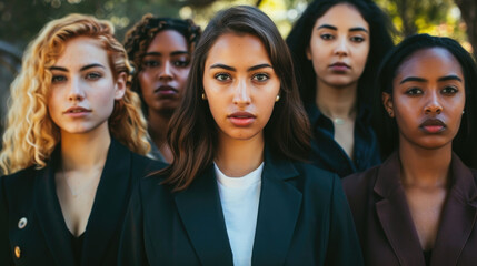 Fototapeta premium Several women of diverse backgrounds standing closely next to each other in a group, showcasing unity and solidarity