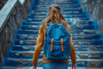 Girl with a backpack running up school stairs