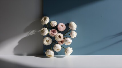 A white and pink roses over a blue wall with copy space on minimalism concept