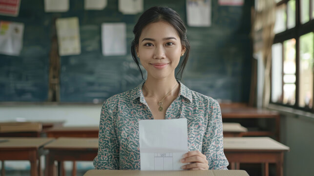 A young female teacher wearing a patterned blouse stands smiling in a classroom, holding up a report card. Behind her are blackboard-covered walls adorned with posters and classroom desks