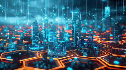 Create a dynamic futuristic cityscape inside a hexagon-shaped grid, showcasing advanced technology and data visualization.
