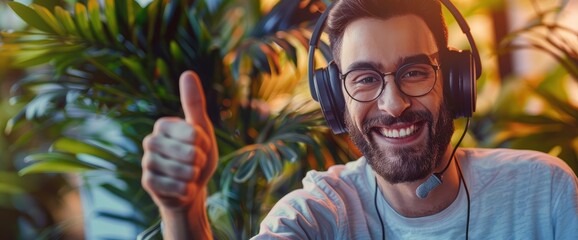A Collage Picture Captures The Warmth Of Customer Support As A Smiling Man, Wearing Headphones, Extends A Thumbs-Up Gesture, Symbolizing Satisfaction And Assurance In Service Excellence