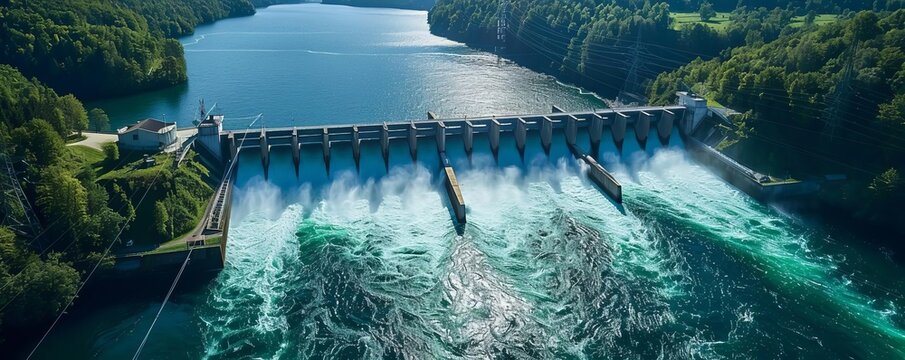 Fluid energy systems Front view of a large, dynamic hydropower plant drastically increasing energy output  Power boost  Advanced tone  Vivid