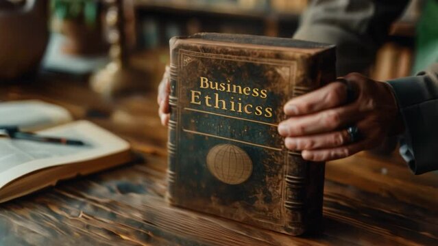 Hand holding a book Putting "Business Ethics" on the table emphasizes the importance of ethical practices.