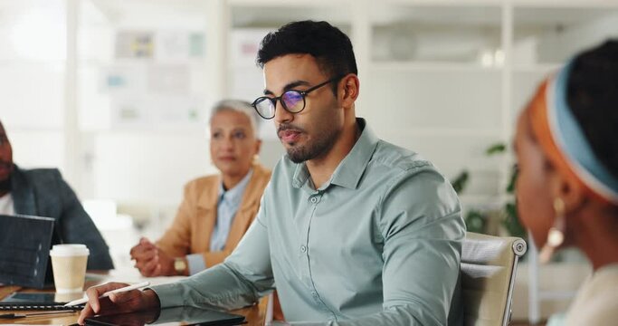 Business people, planning and talking in meeting in office with discussion and creative decision making. Teamwork, professional employees and listen in boardroom for project feedback or brainstorming