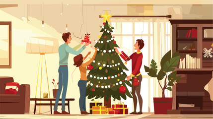 Happy family decorating Christmas tree in room Vector