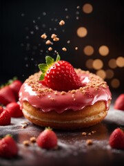 Pink glazed strawberry doughnut, cinematic food donut photography, studio lighting and studio background 