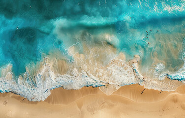 Aerial view of people walking along the beach, waves gently lapping at the shore, sandy beige...