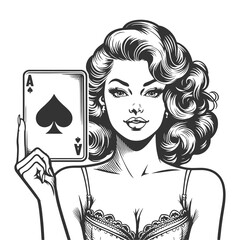 pin-up girl displaying an Ace of Spades card, symbolizing luck and strategy sketch engraving generative ai fictional character raster illustration. Scratch board imitation. Black and white image.
