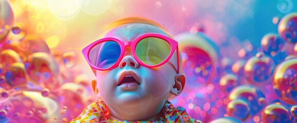 A Whimsical Portrait, Created By Generative Ai, Features A Happy And Humorous Baby Adorned With Oversized Colorful Sunglasses