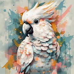 Vibrant, detailed painting of a cockatoo parrot on a colorful background