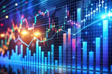 Blue line chart on displaying financial data with an upward trend