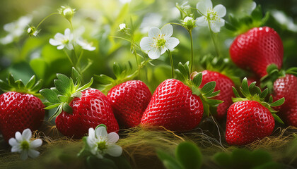 Fresh tasty ripe red and unripe green strawberries growing on strawberry farm - Powered by Adobe